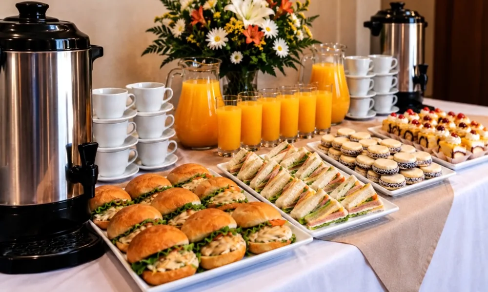 Estación de coffee break corporativo con café, jugos, mini sándwiches y bocaditos dulces